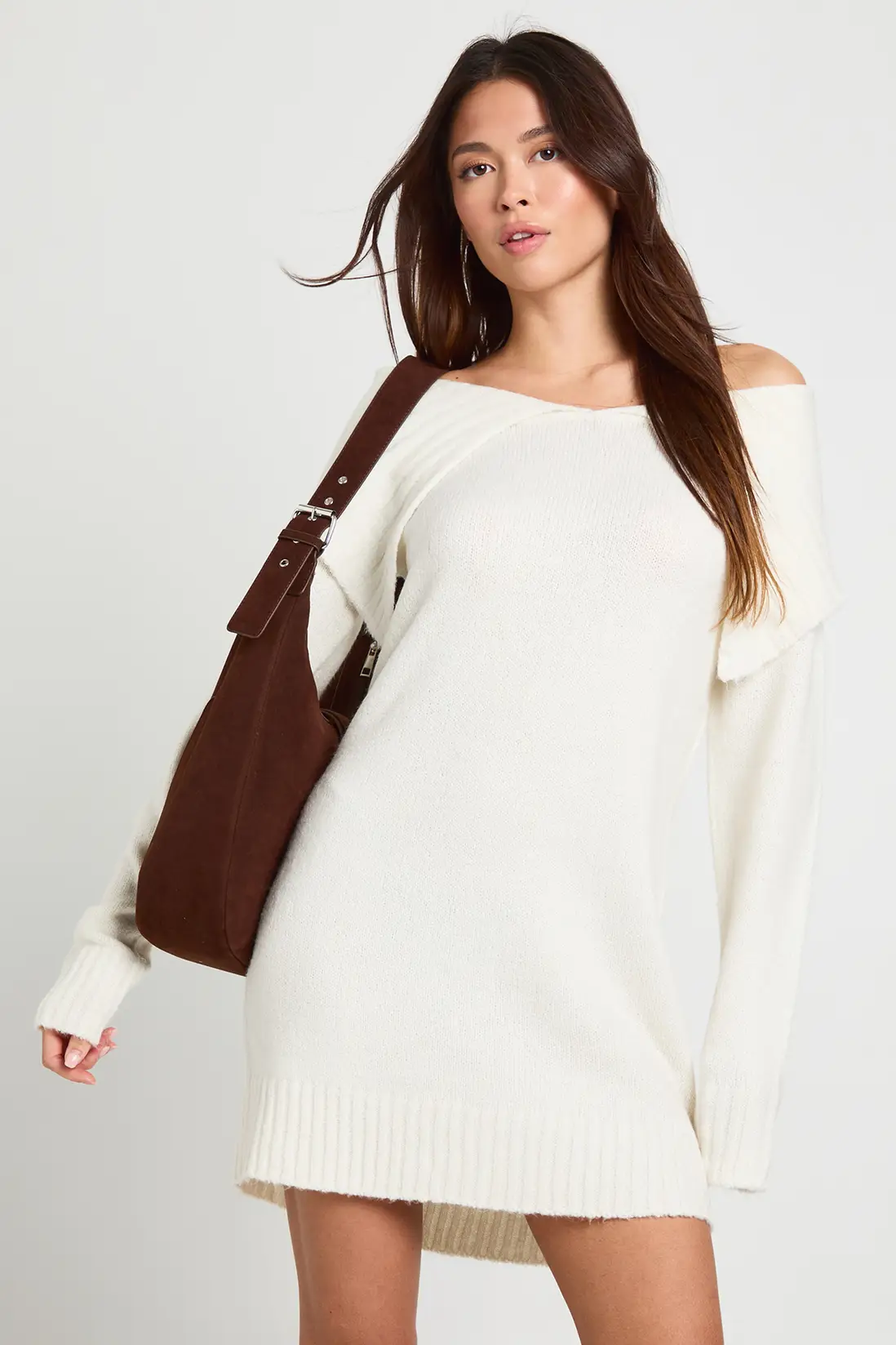 Soft Knit Oversized Collar Off The Shoulder Jumper Dress