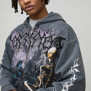 Charcoal Oversized Boxy Premium BHM Gothic Washed Printed Zip Through Hoodie