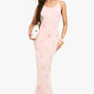 Knitted Flower Detail Crochet Maxi Dress