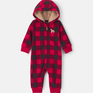 Baby Boy Buffalo Check Fleece Long-Sleeve Jumpsuit - Red/Black