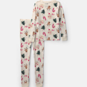 Kids 2-Piece Christmas Holiday Icon 100% Cotton Snug Fit Pyjama Set - Cream