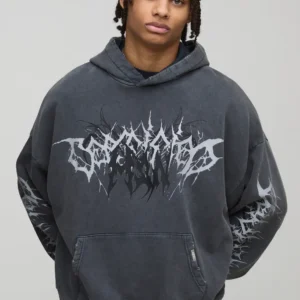 Charcoal Oversized Boxy Premium Man Tattoo Acid Wash Printed Hoodie