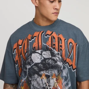 Slate Grey Oversized Extended Neck Ofcl Man Gothic Over Seams Heavyweight Premium Graphic T-Shirt