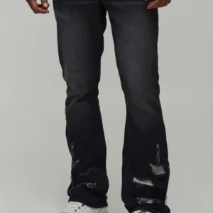 Ripped Zip Hem Slim Stacked Flared Jeans