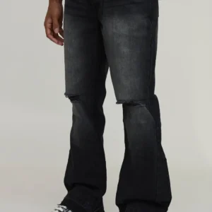 Tonal Gusset Ripped Knee Slim Flared Jeans